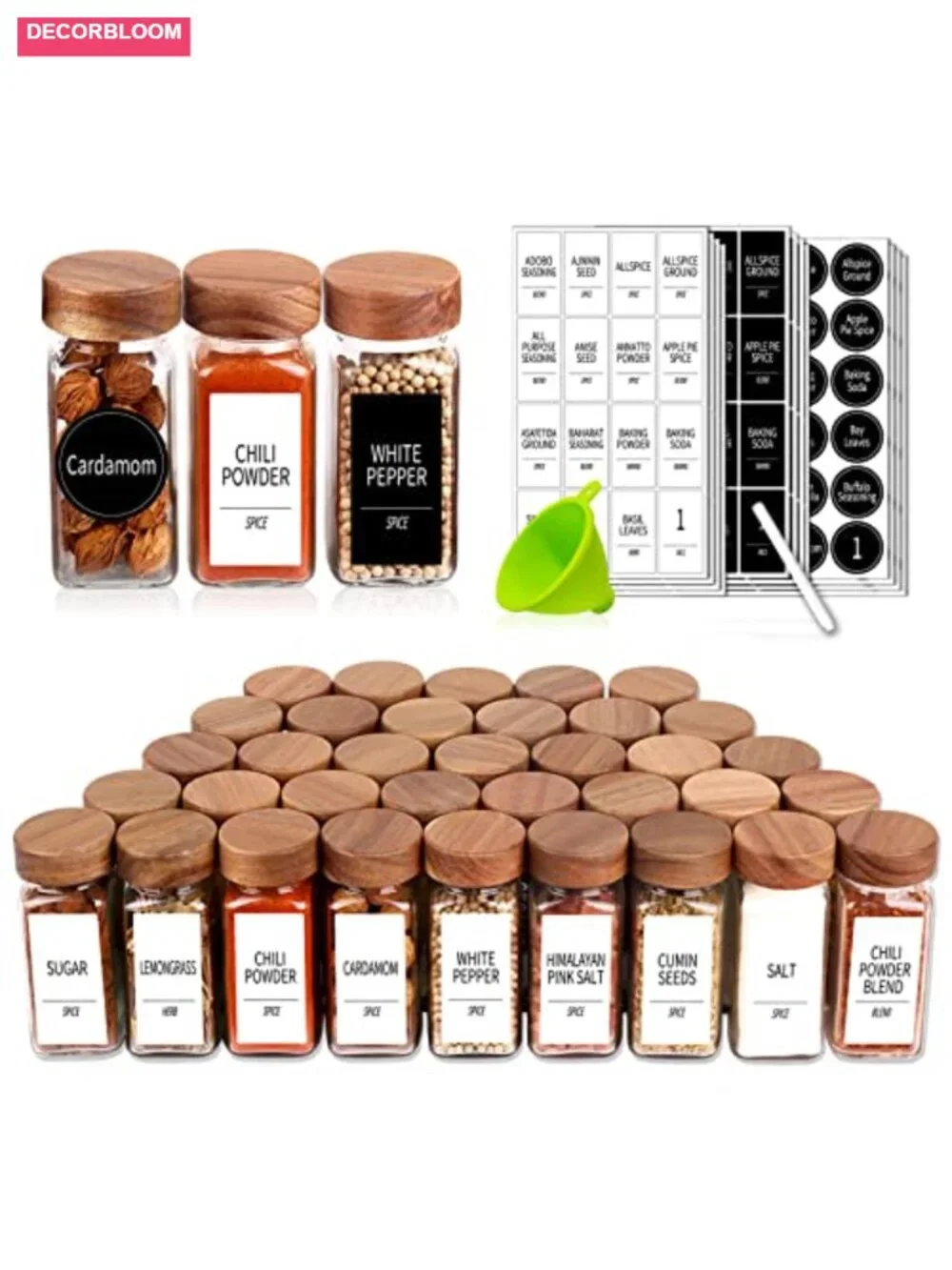 36 Glass Spice Jars with Shaker Lids & Acacia Wood Lids + Labels, Funnel, Chalk